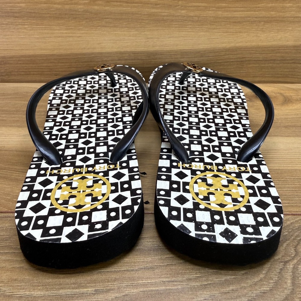 Tory Burch Flip Flop Thong Sandals Womens 6 Black White Geometric Travel Resort - Picture 7 of 10